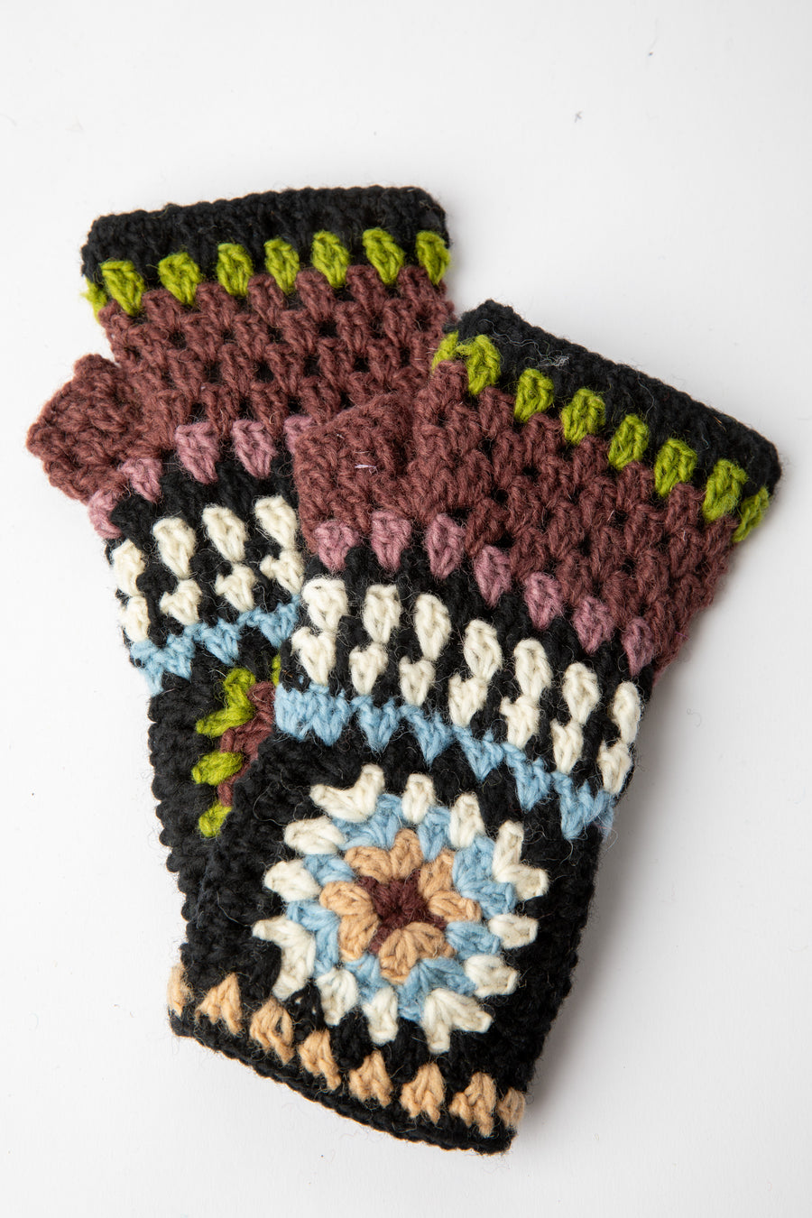 Granny Square Wool Fingerless Mittens in plum