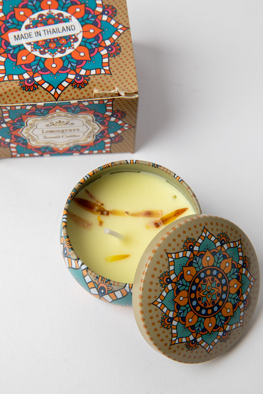 Mandala Travel Tin Candle in scent Lemongrass