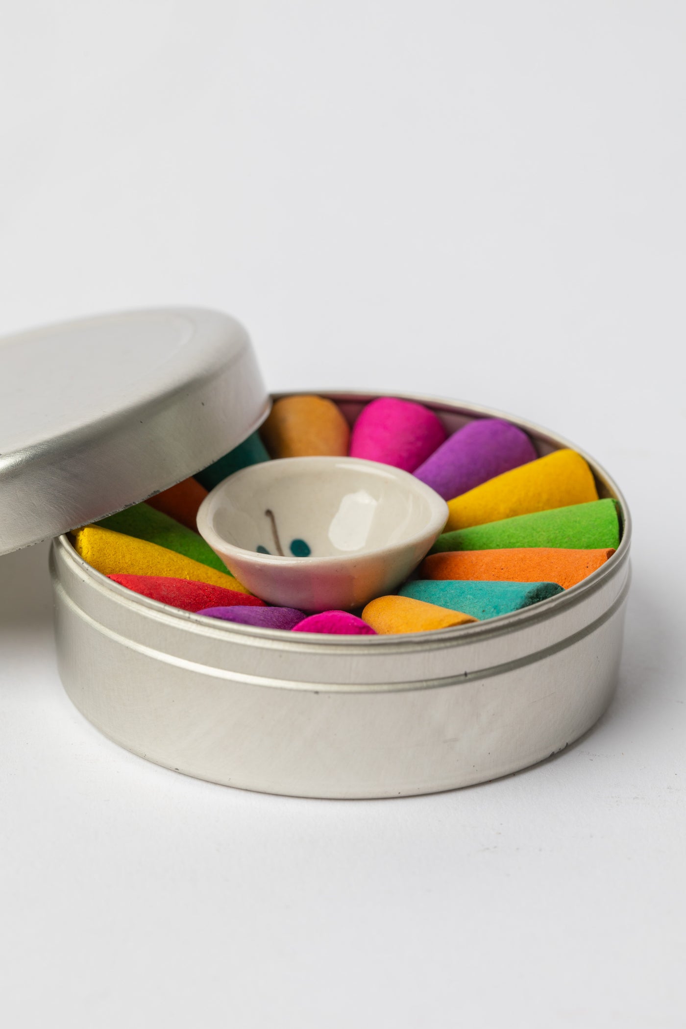Side view of Rainbow Cone Incense Wheel showing bright incense colors and lid partially open