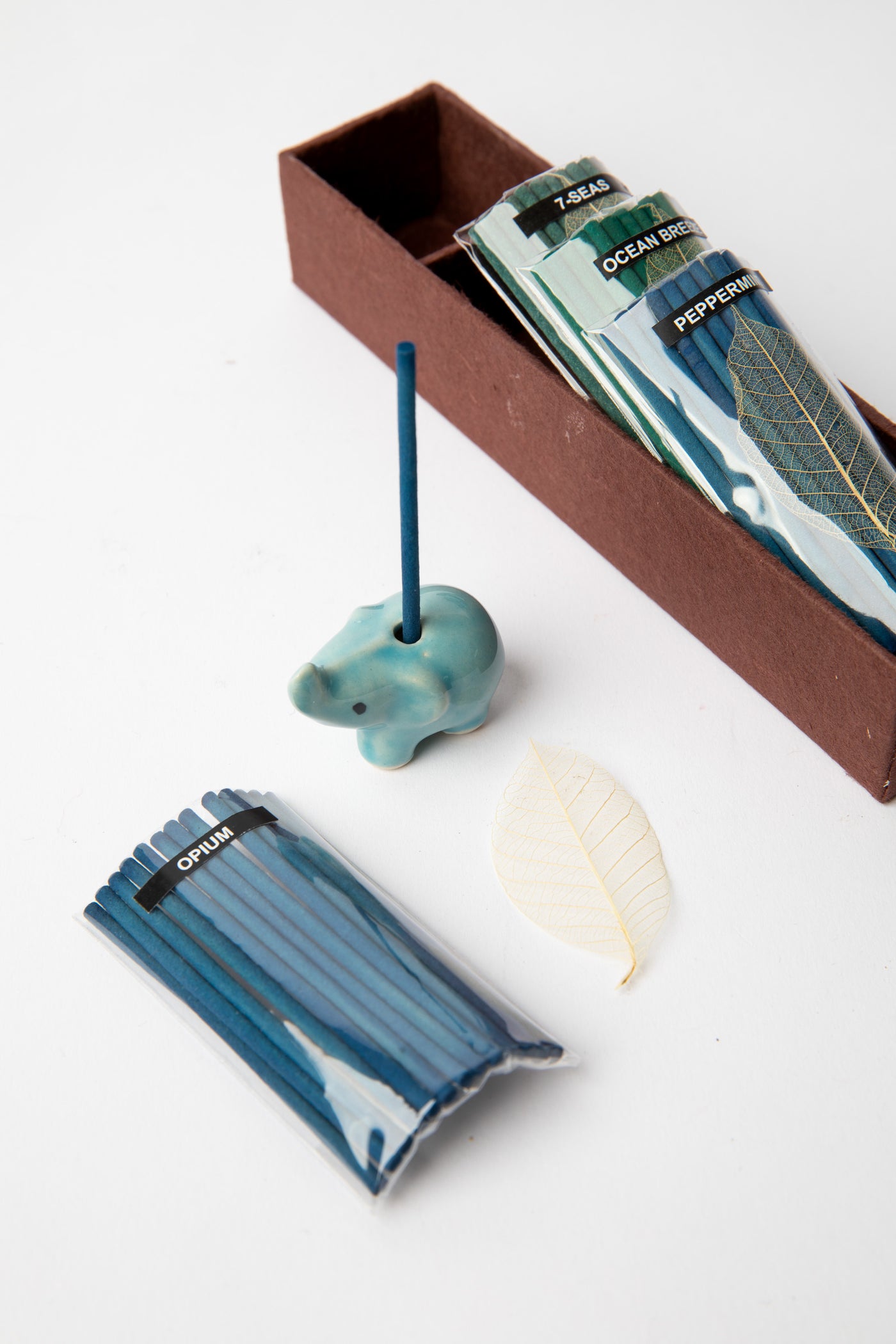 Blue Elephant Incense Gift Set with ceramic elephant holder and assorted incense sticks