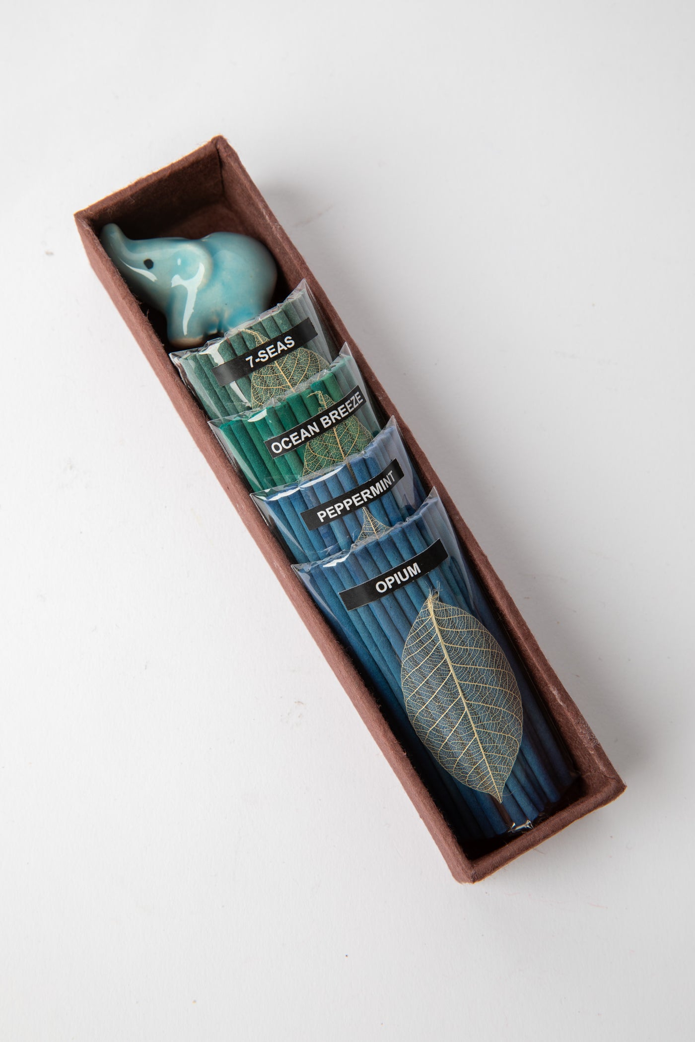 Assorted blue incense gift set with ocean-inspired scents and elephant holder
