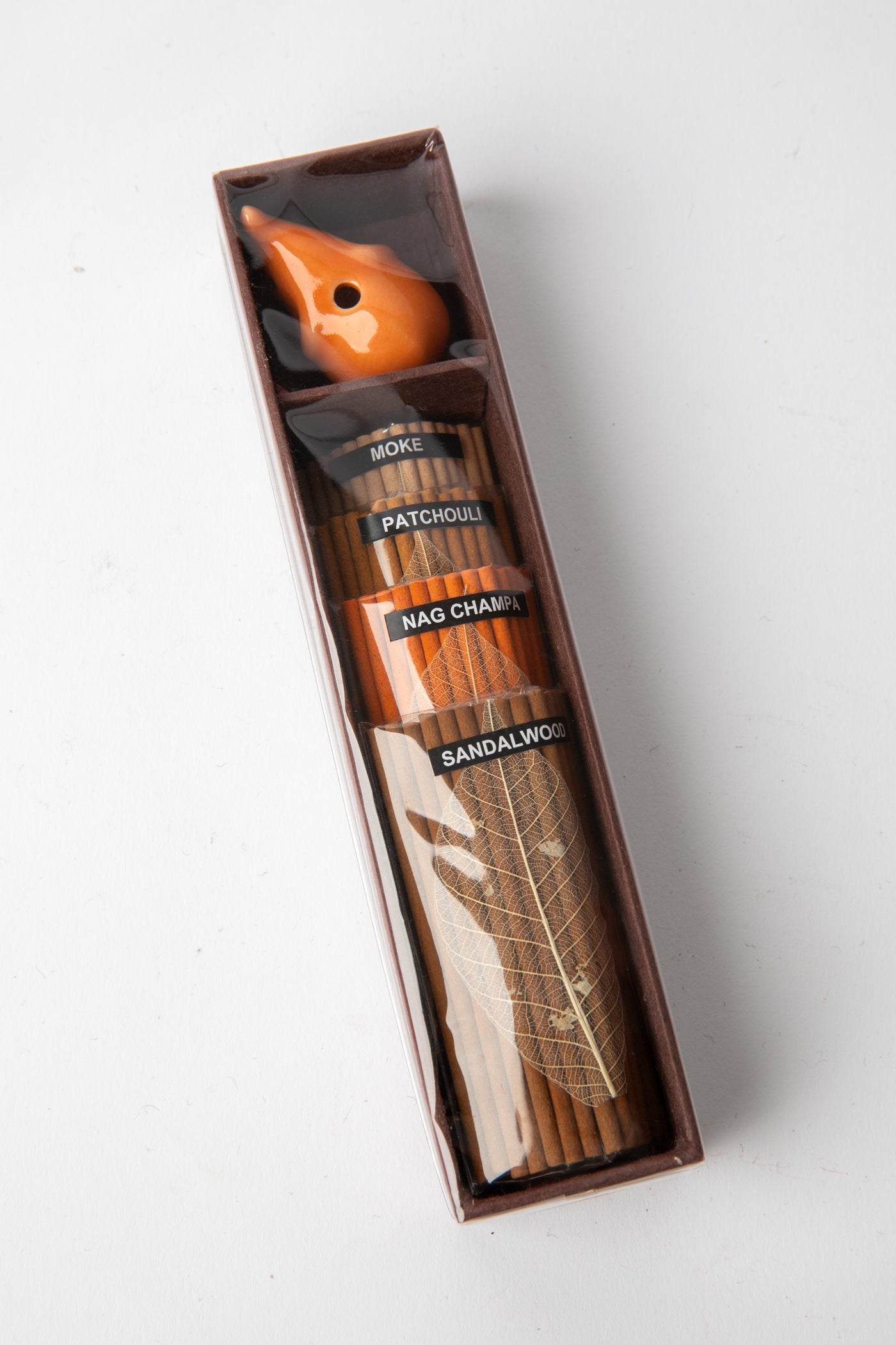 Orange Elephant Incense Gift Set with ceramic elephant incense holder and sandalwood, patchouli, nag champa scents