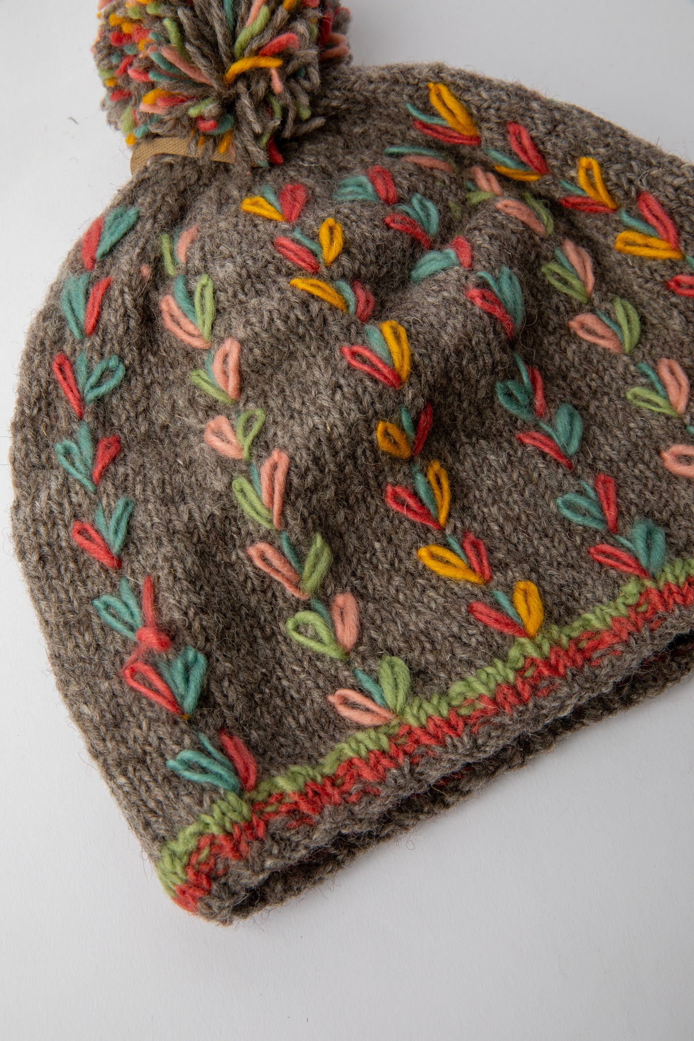 Gray Kylemore Embroidered Wool Pom Pom Hat