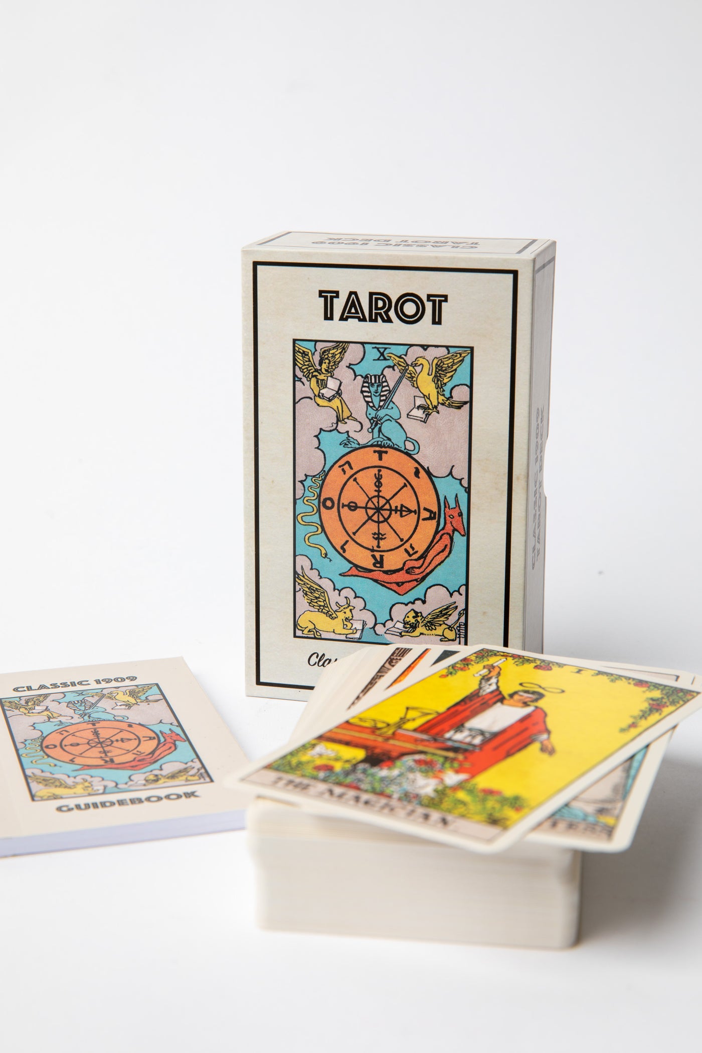 Classic 1909 Tarot Deck with all 78 Rider Waite cards displayed in a colorful spread on linen-finish card stock