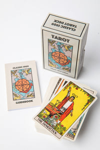 Classic 1909 Tarot Deck with all 78 Rider Waite cards displayed in a colorful spread on linen-finish card stock