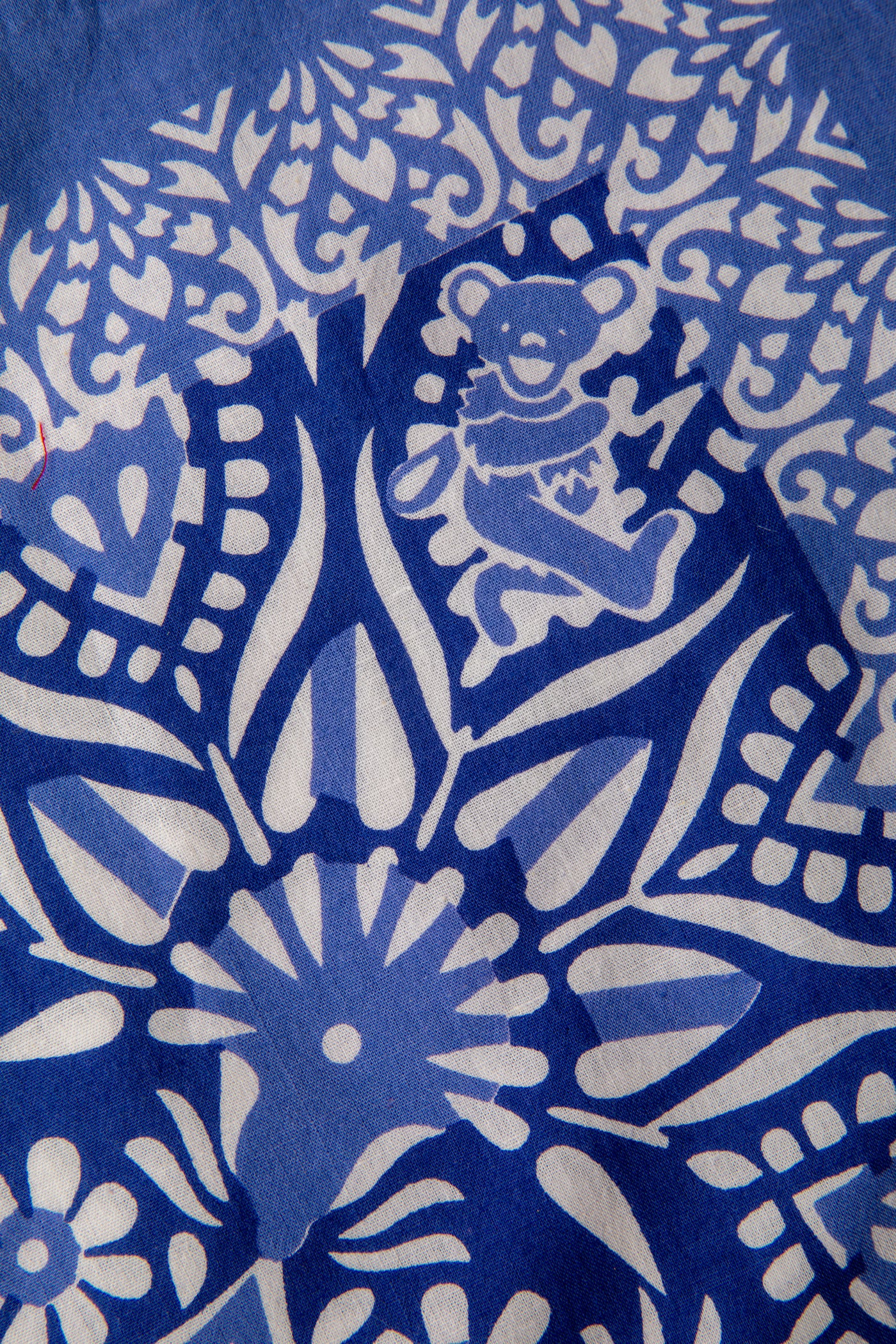 Close-up of blue Mandala Bears Grateful Dead Bandana featuring Dancing Bears and mandala floral design
