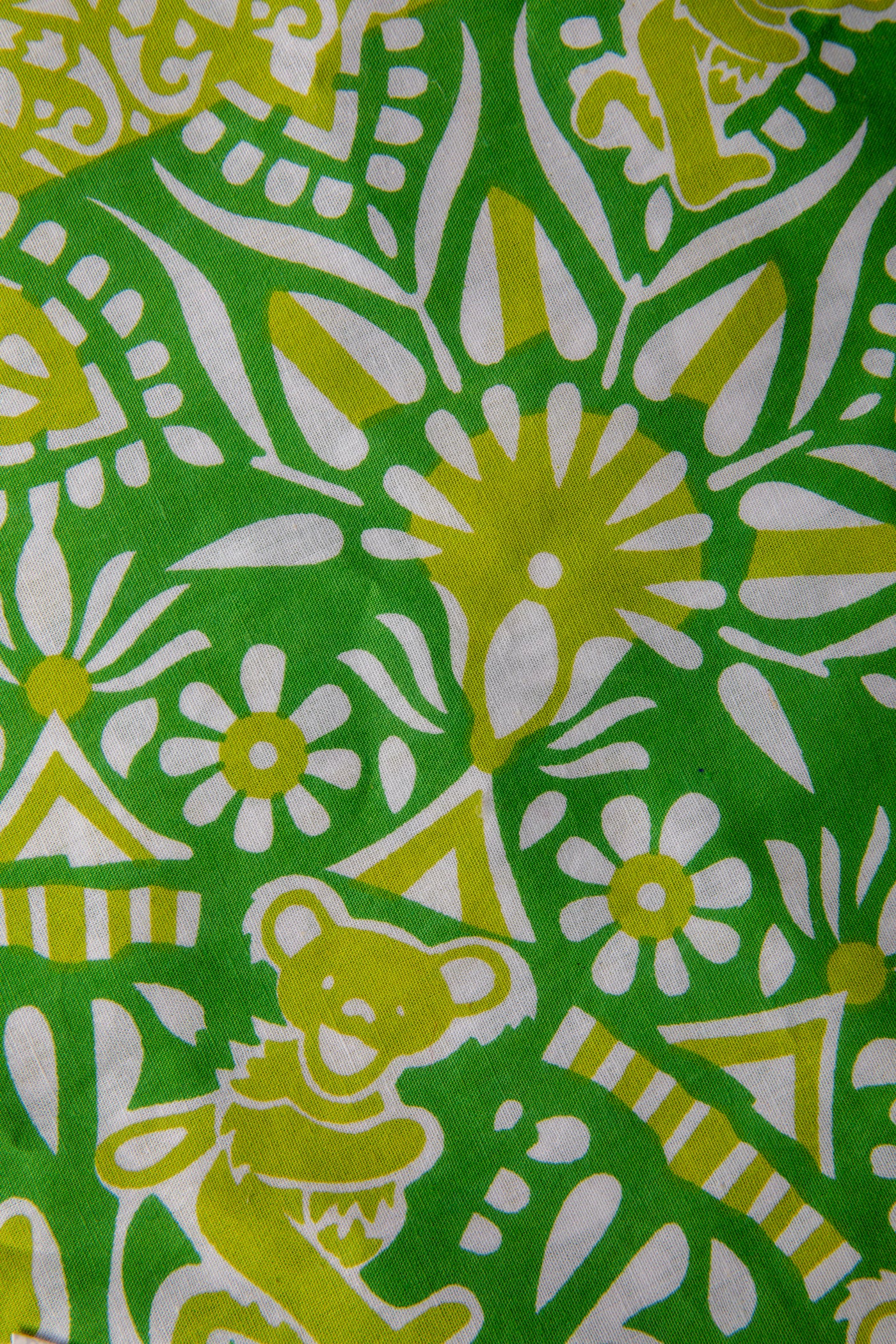 Close-up of green Mandala Bears Grateful Dead Bandana with yellow and white Dancing Bears pattern
