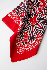 Folded red Mandala Bears Grateful Dead Bandana with bold white Dancing Bears and mandala pattern on deep red cotton fabric