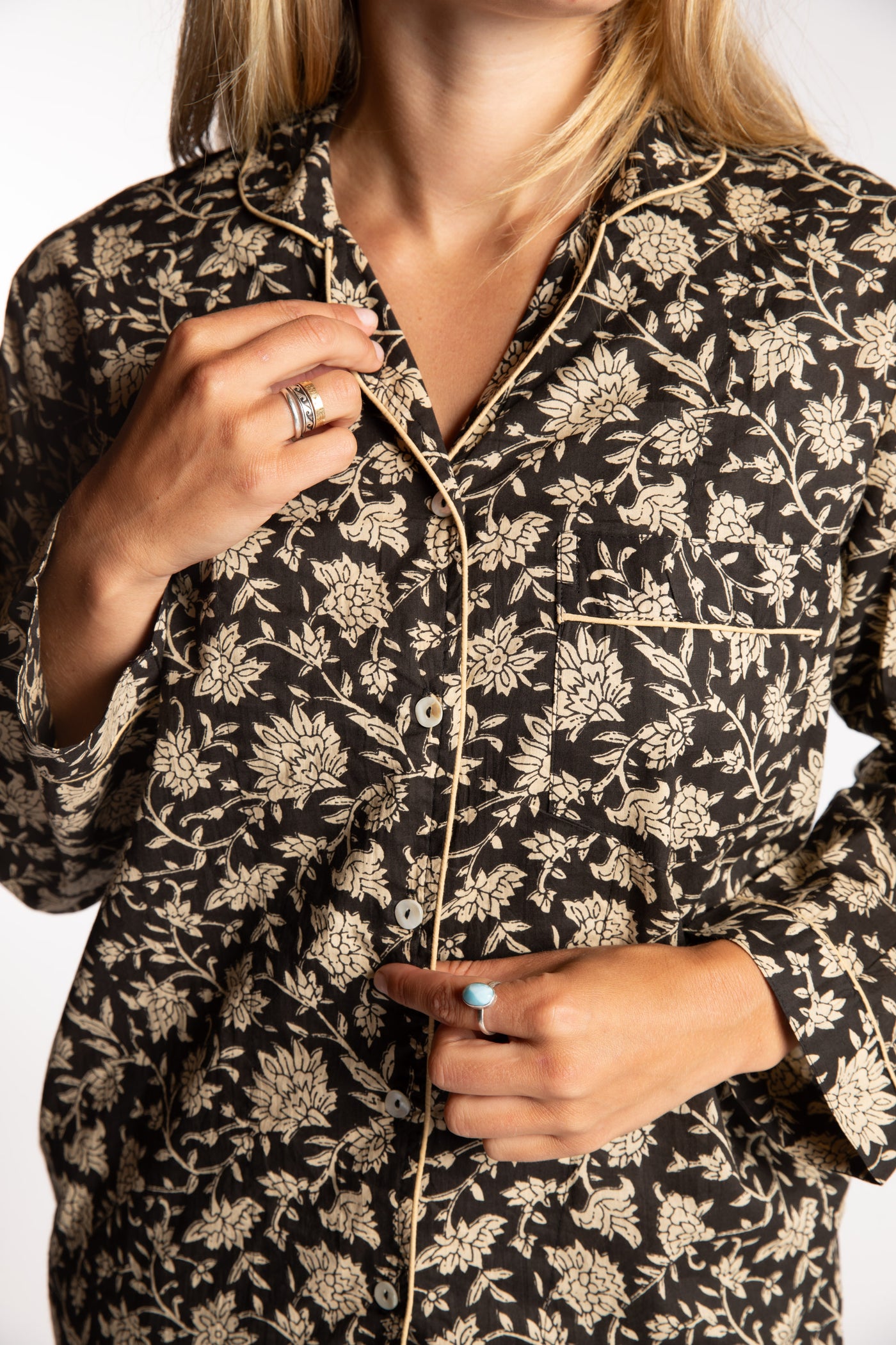 Sophie is wearing the Black floral Jaipur Printed Pajama Set in S/M