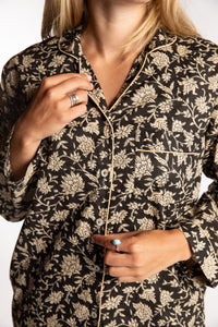 Sophie is wearing the Black floral Jaipur Printed Pajama Set in S/M