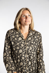 Sophie is wearing the Black floral Jaipur Printed Pajama Set in S/M