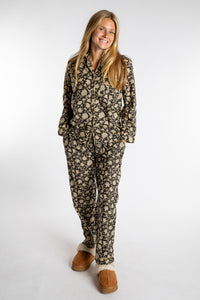 Sophie is wearing the Black floral Jaipur Printed Pajama Set in S/M
