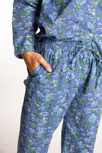Sophie is wearing the Blue Blooms Jaipur Printed Pajama Set in S/M