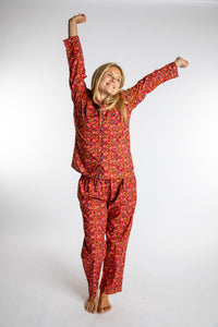 Sophie is wearing the red floral Pomegranate Jaipur Printed Pajama Set in S/M