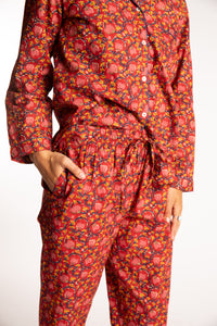Sophie is wearing the red floral Pomegranate Jaipur Printed Pajama Set in S/M
