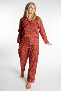 Sophie is wearing the red floral Pomegranate Jaipur Printed Pajama Set in S/M