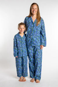 Louisa, age 7 in size 4/5. Abby wearing size S. Blue Blooms pajama set