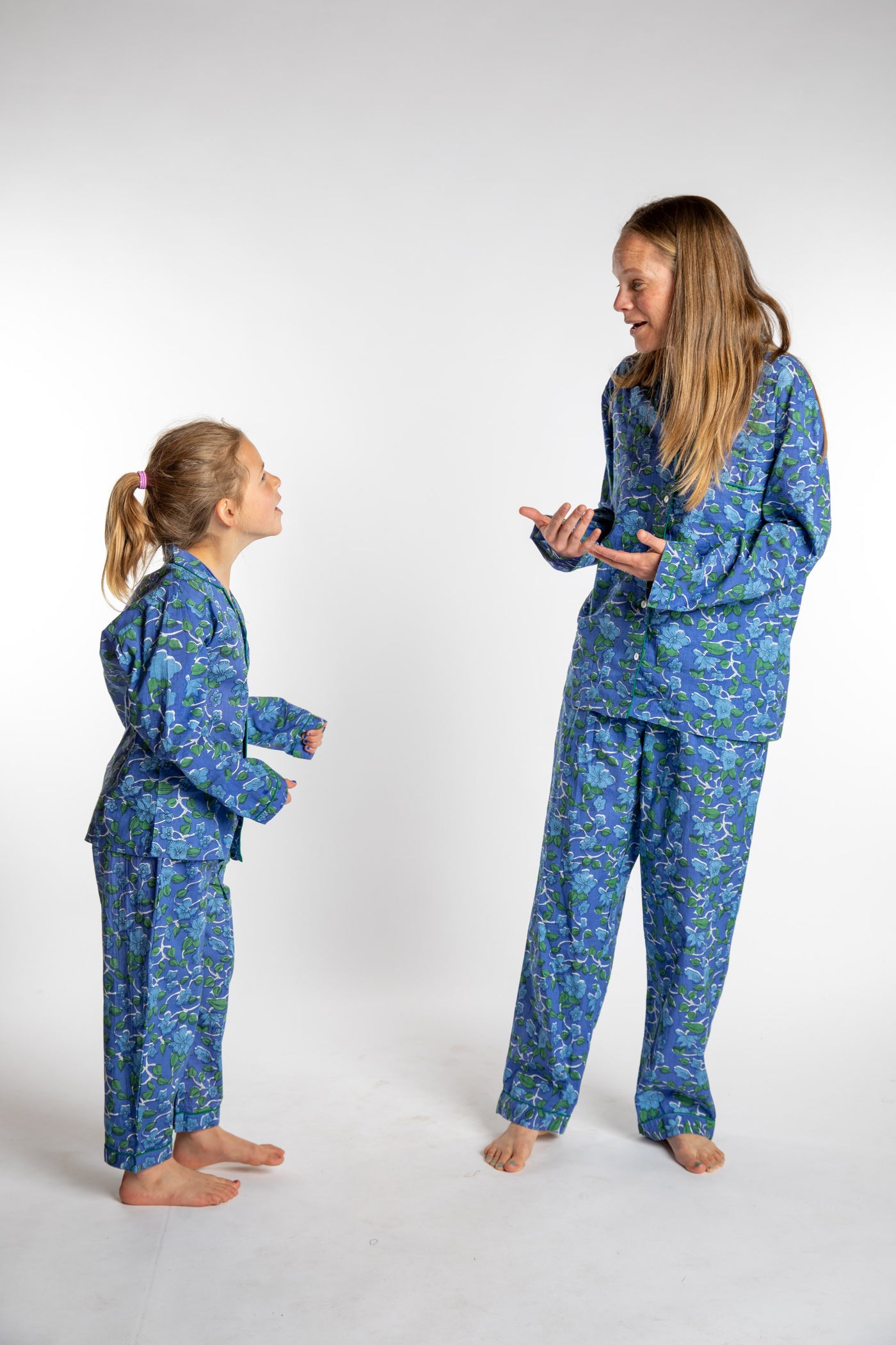 Louisa, age 7 in size 4/5. Abby wearing size S. Blue Blooms Pajama Set.