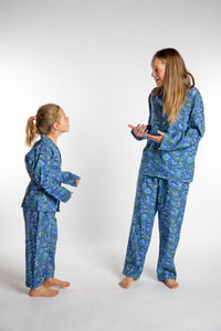 Louisa, age 7 in size 4/5. Abby wearing size S. Blue Blooms Pajama Set.