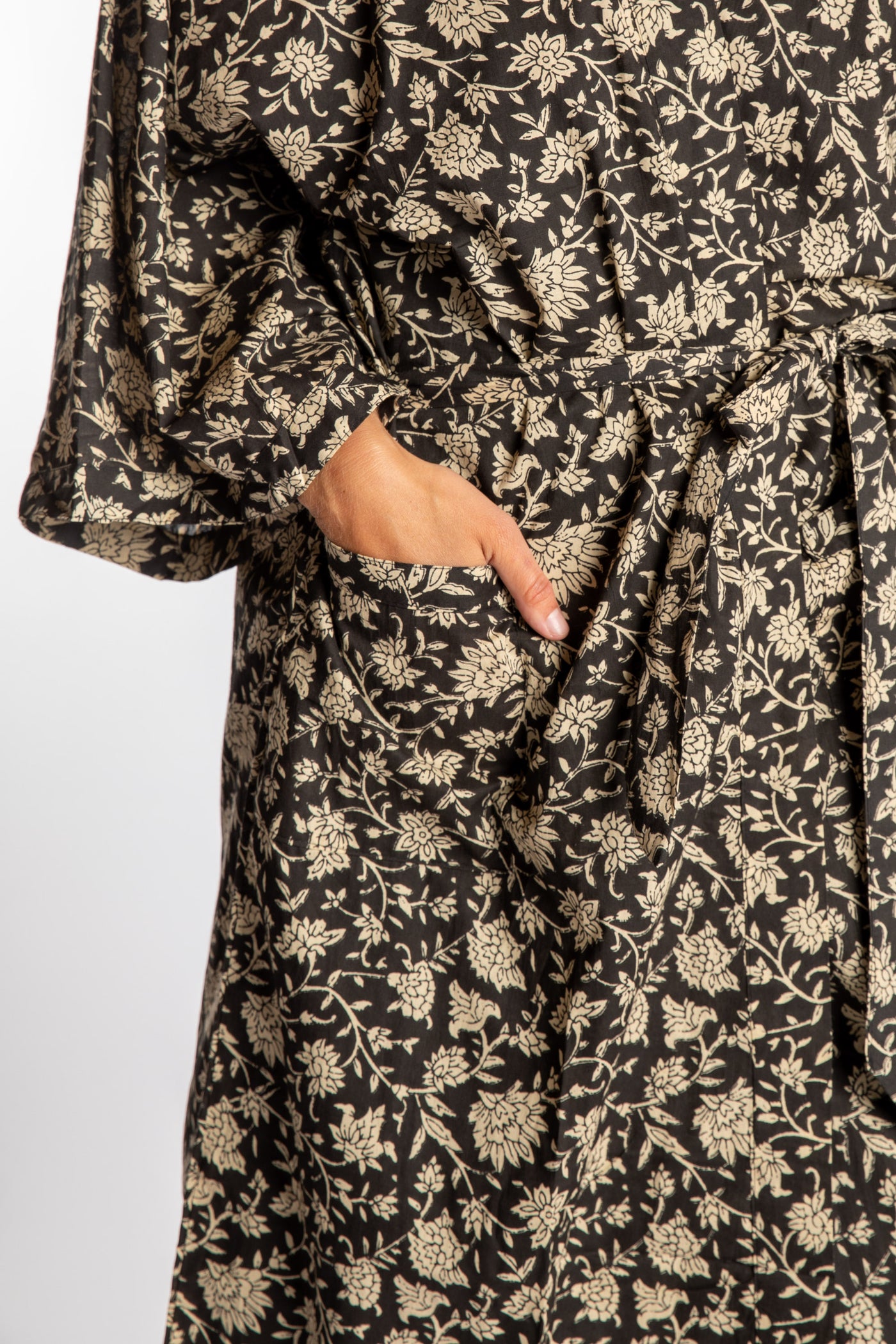 Sophie is wearing the Black floral Jaipur Printed Robe