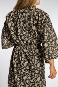 Sophie is wearing the Black floral Jaipur Printed Robe