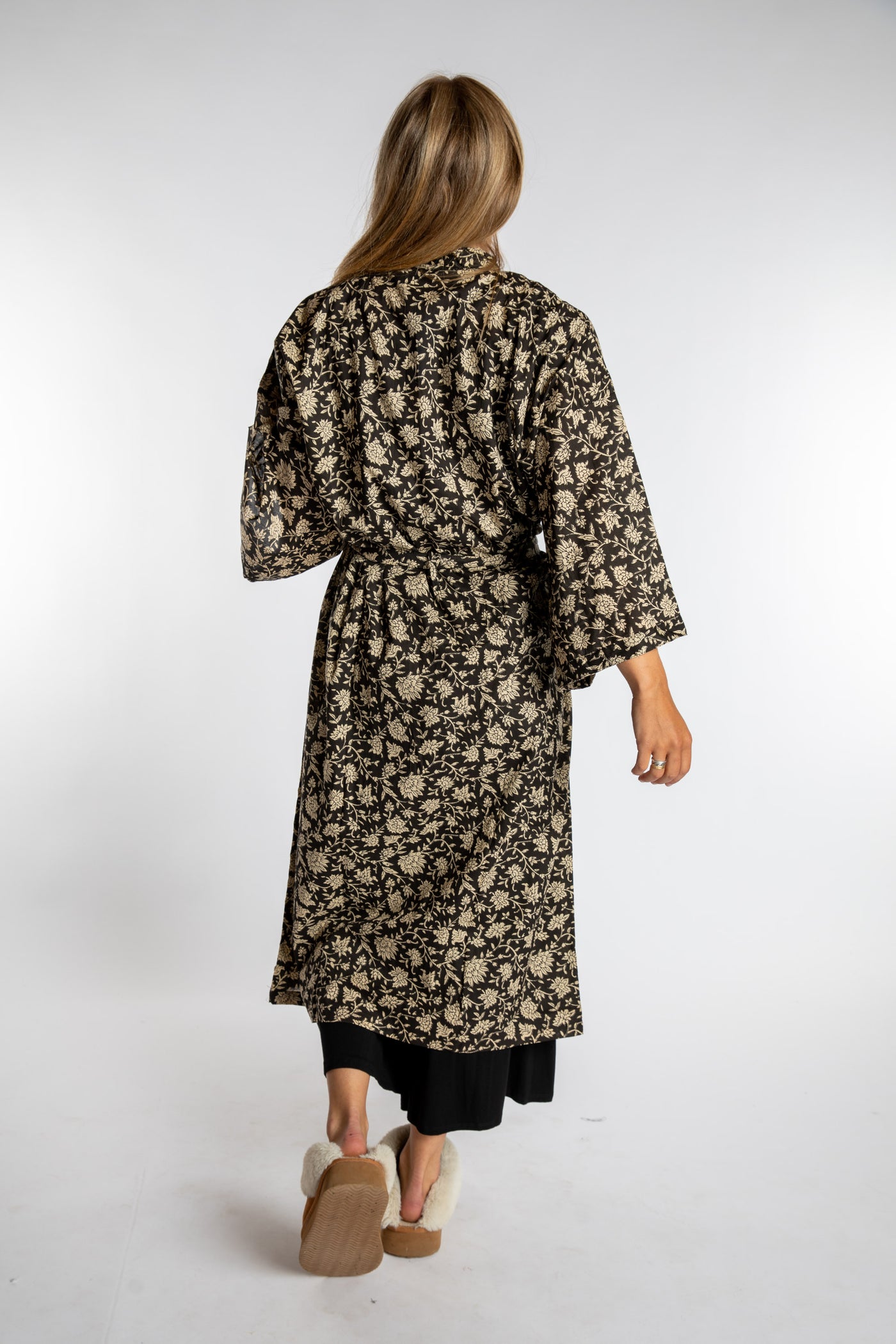 Sophie is wearing the Black floral Jaipur Printed Robe