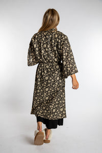 Sophie is wearing the Black floral Jaipur Printed Robe