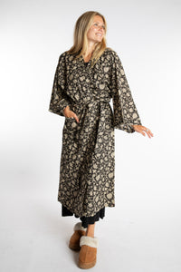 Sophie is wearing the Black floral Jaipur Printed Robe