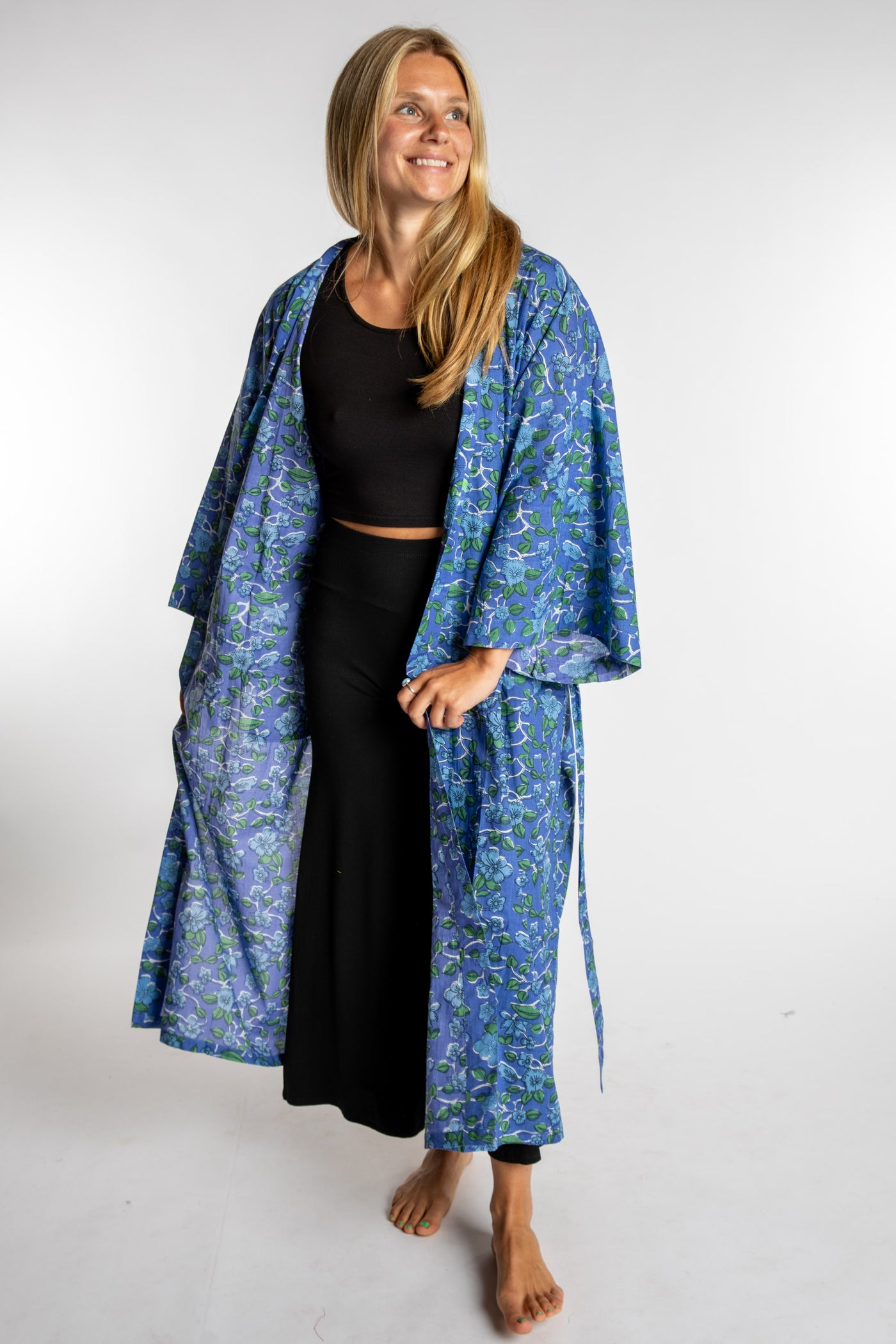 Sophie is wearing the Blue Blooms floral Jaipur Printed Robe
