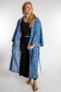Sophie is wearing the Blue Blooms floral Jaipur Printed Robe