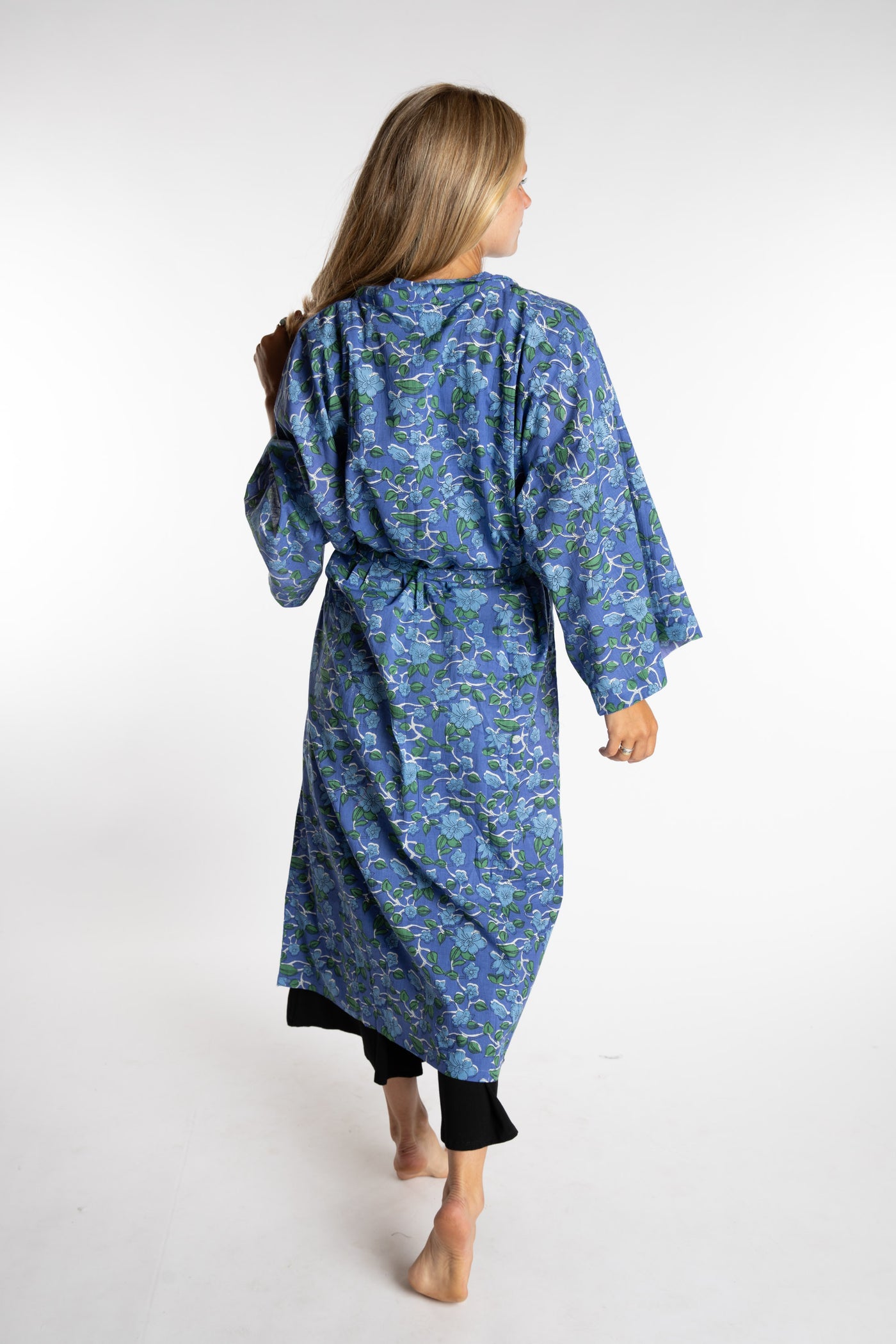 Sophie is wearing the Blue Blooms floral Jaipur Printed Robe