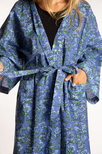 Sophie is wearing the Blue Blooms floral Jaipur Printed Robe