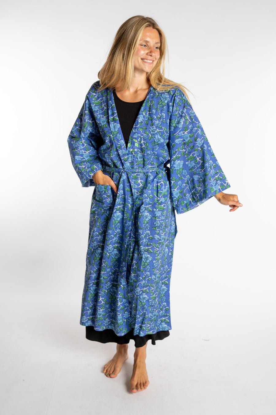 Sophie is wearing the Blue Blooms floral Jaipur Printed Robe