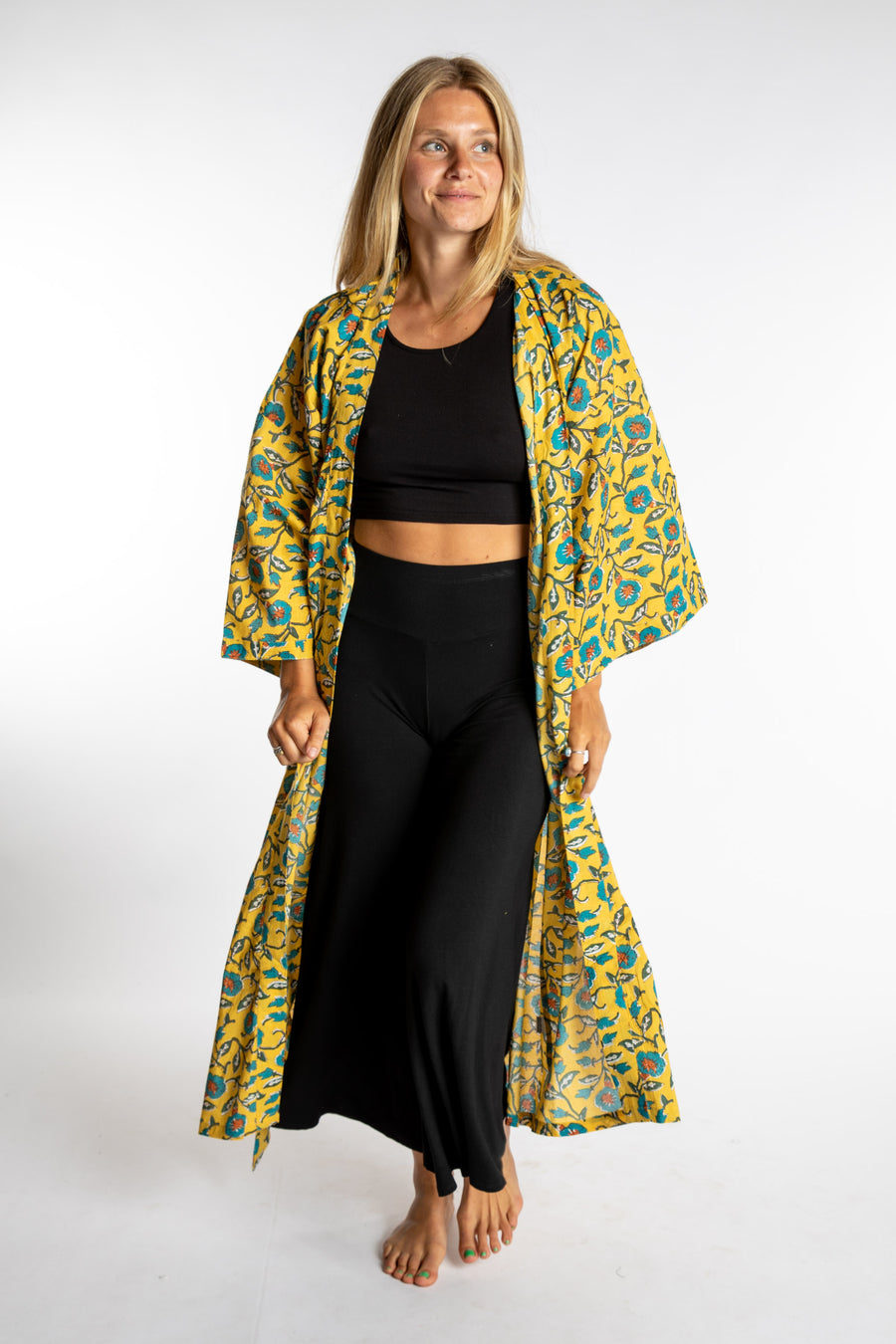 Sophie is wearing the yellow Morning Glory floral Jaipur Printed Robe