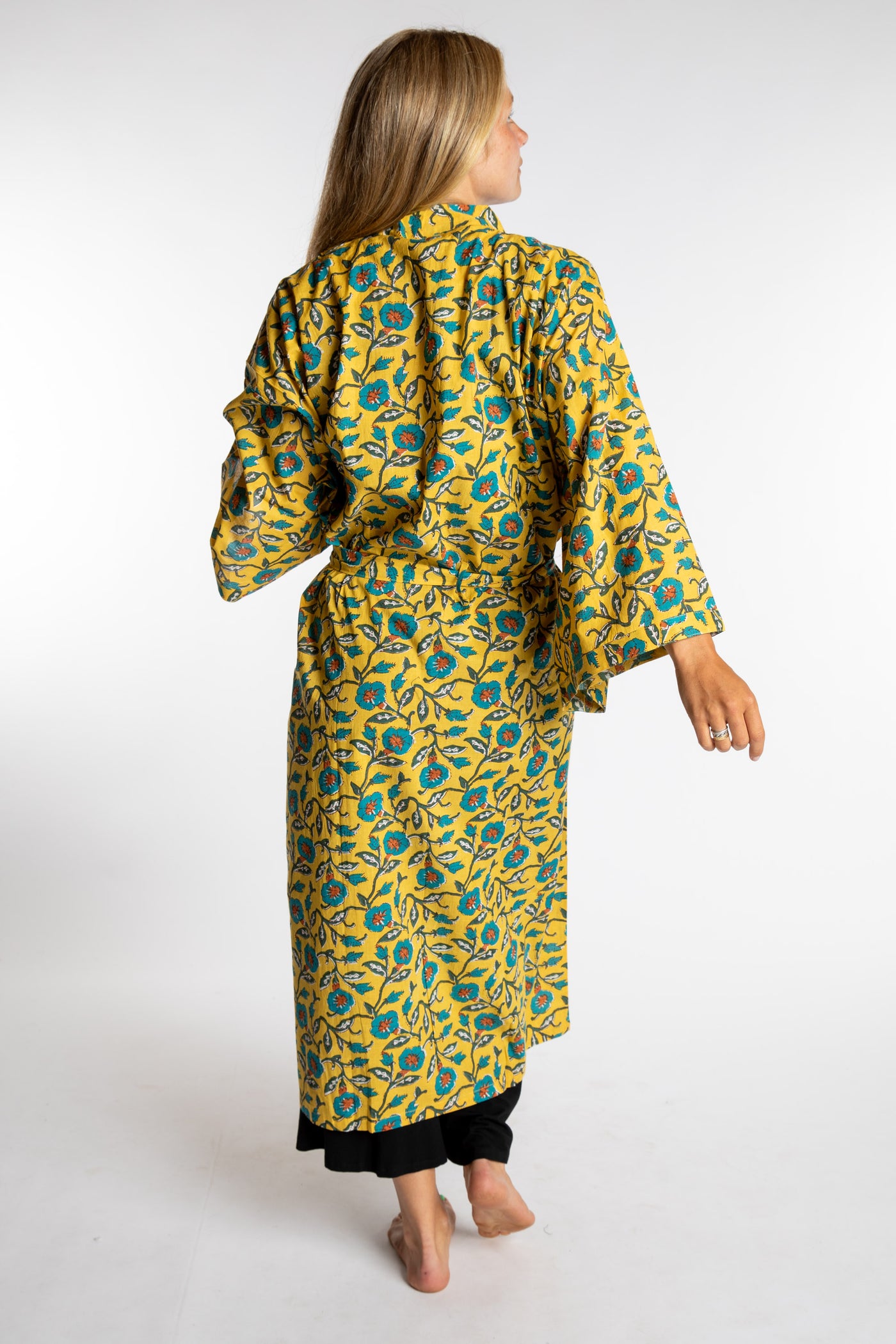 Sophie is wearing the yellow Morning Glory floral Jaipur Printed Robe