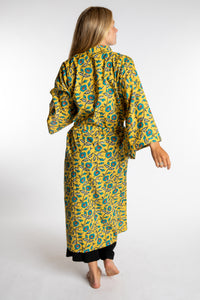 Sophie is wearing the yellow Morning Glory floral Jaipur Printed Robe