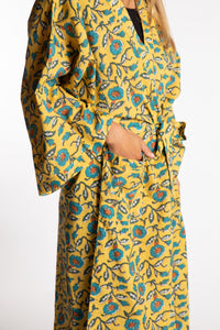 Sophie is wearing the yellow Morning Glory floral Jaipur Printed Robe