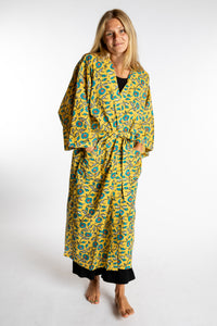 Sophie is wearing the yellow Morning Glory floral Jaipur Printed Robe