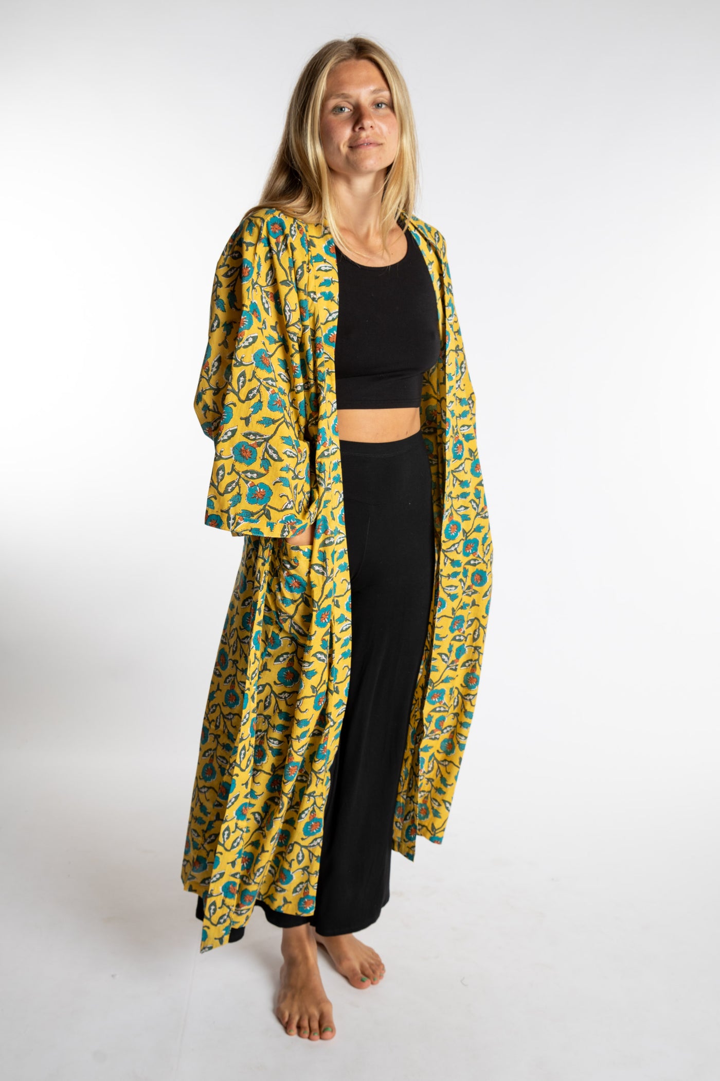 Sophie is wearing the yellow Morning Glory floral Jaipur Printed Robe