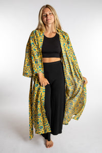 Sophie is wearing the yellow Morning Glory floral Jaipur Printed Robe