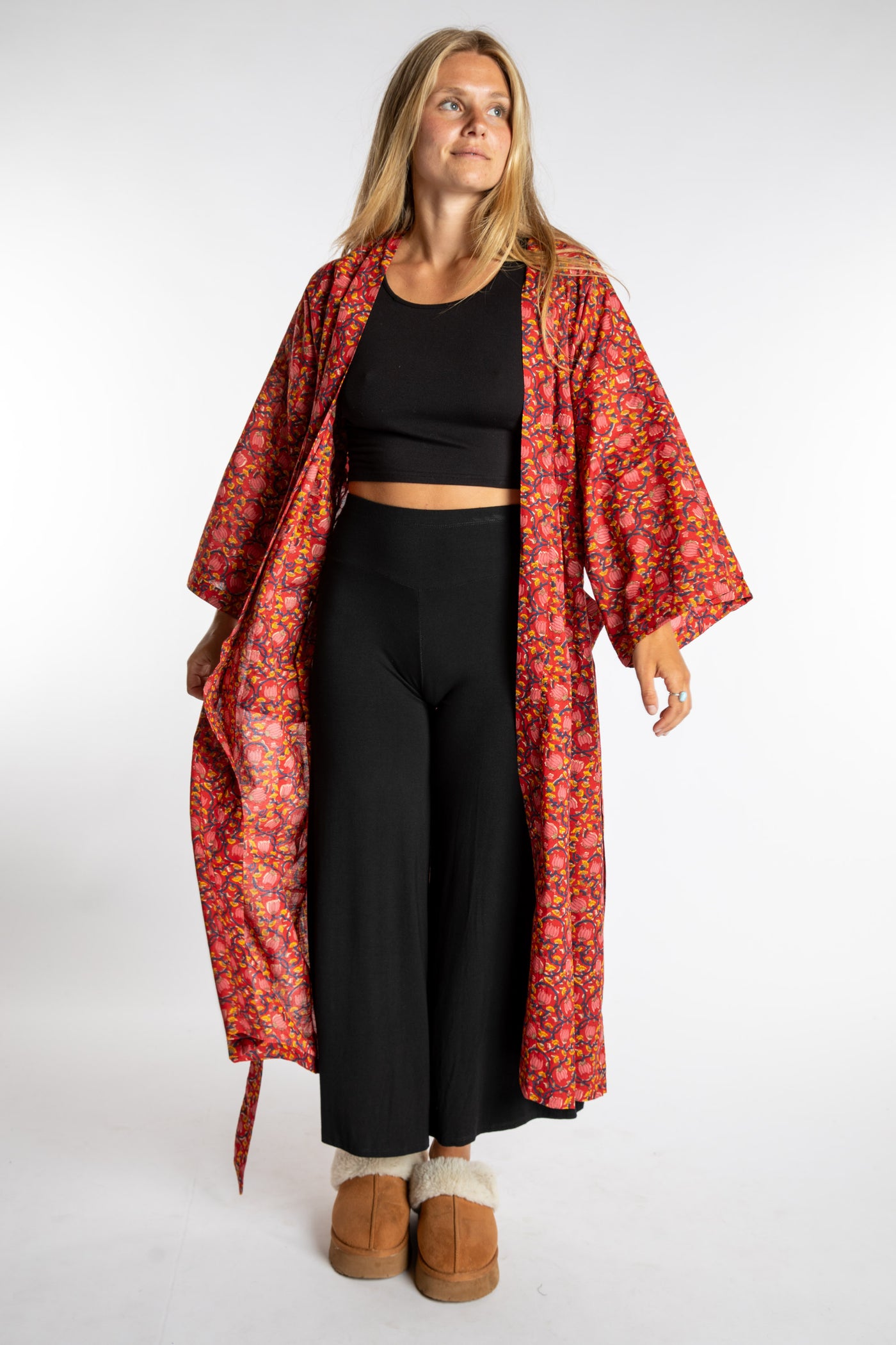 Sophie is wearing the red floral Pomegranate Jaipur Printed Robe