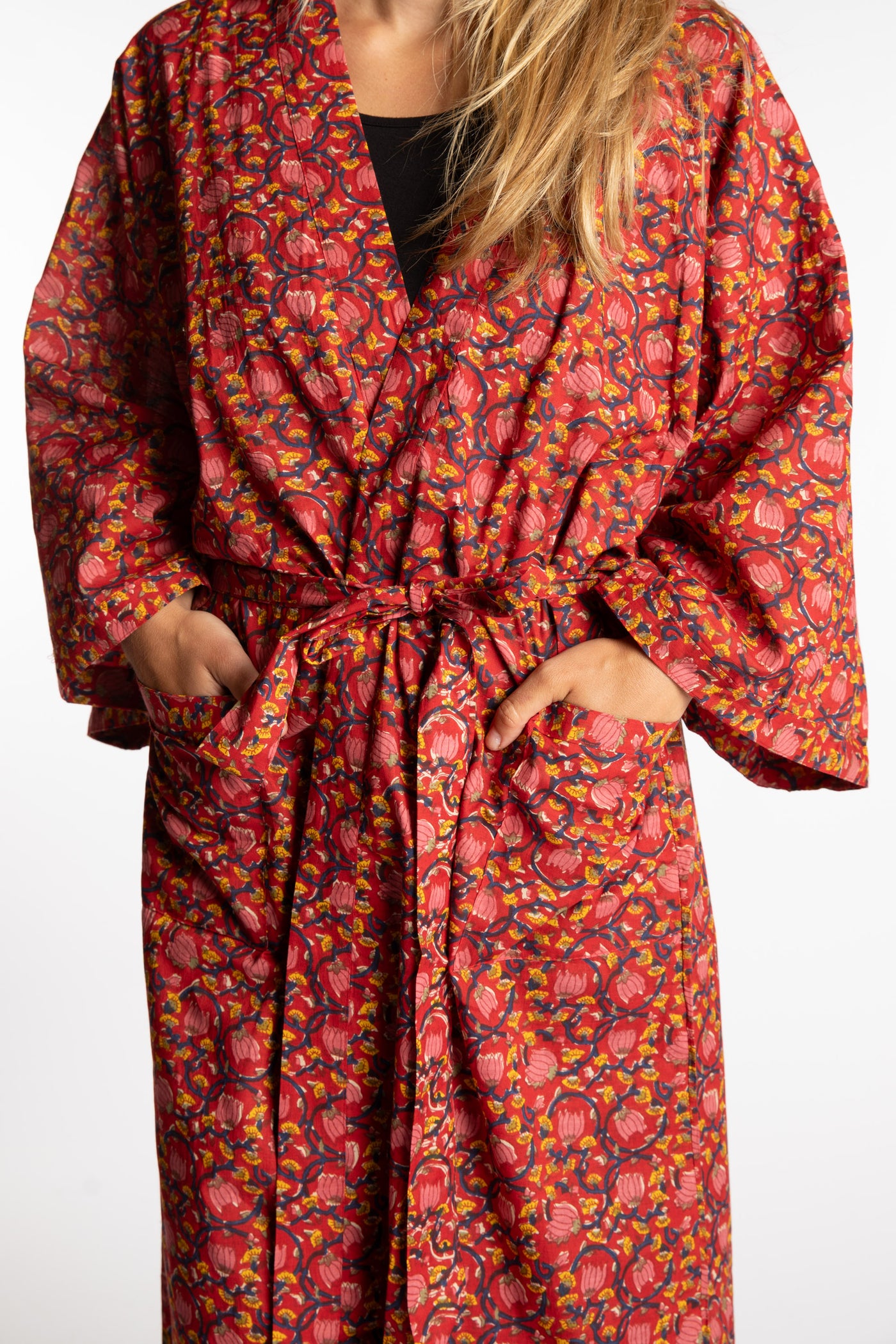 Sophie is wearing the red floral Pomegranate Jaipur Printed Robe