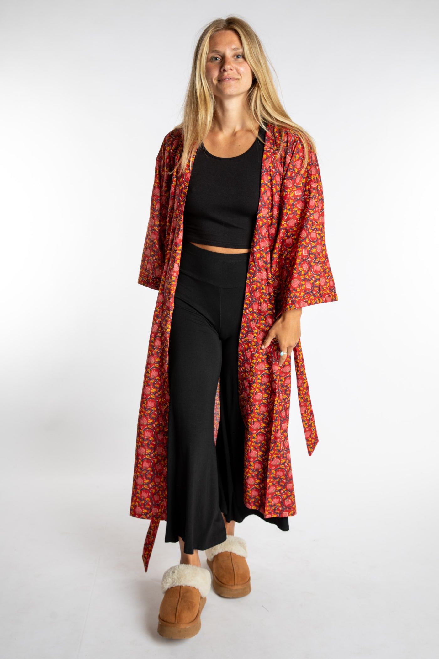Sophie is wearing the red floral Pomegranate Jaipur Printed Robe