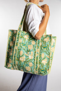 Blue green floral-patterned Bristol Block Print Tote Bag in Aquamarine