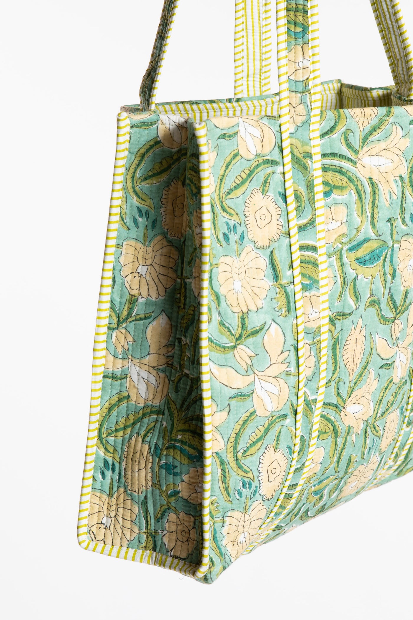 Blue green floral-patterned Bristol Block Print Tote Bag in Aquamarine