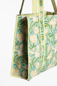 Blue green floral-patterned Bristol Block Print Tote Bag in Aquamarine