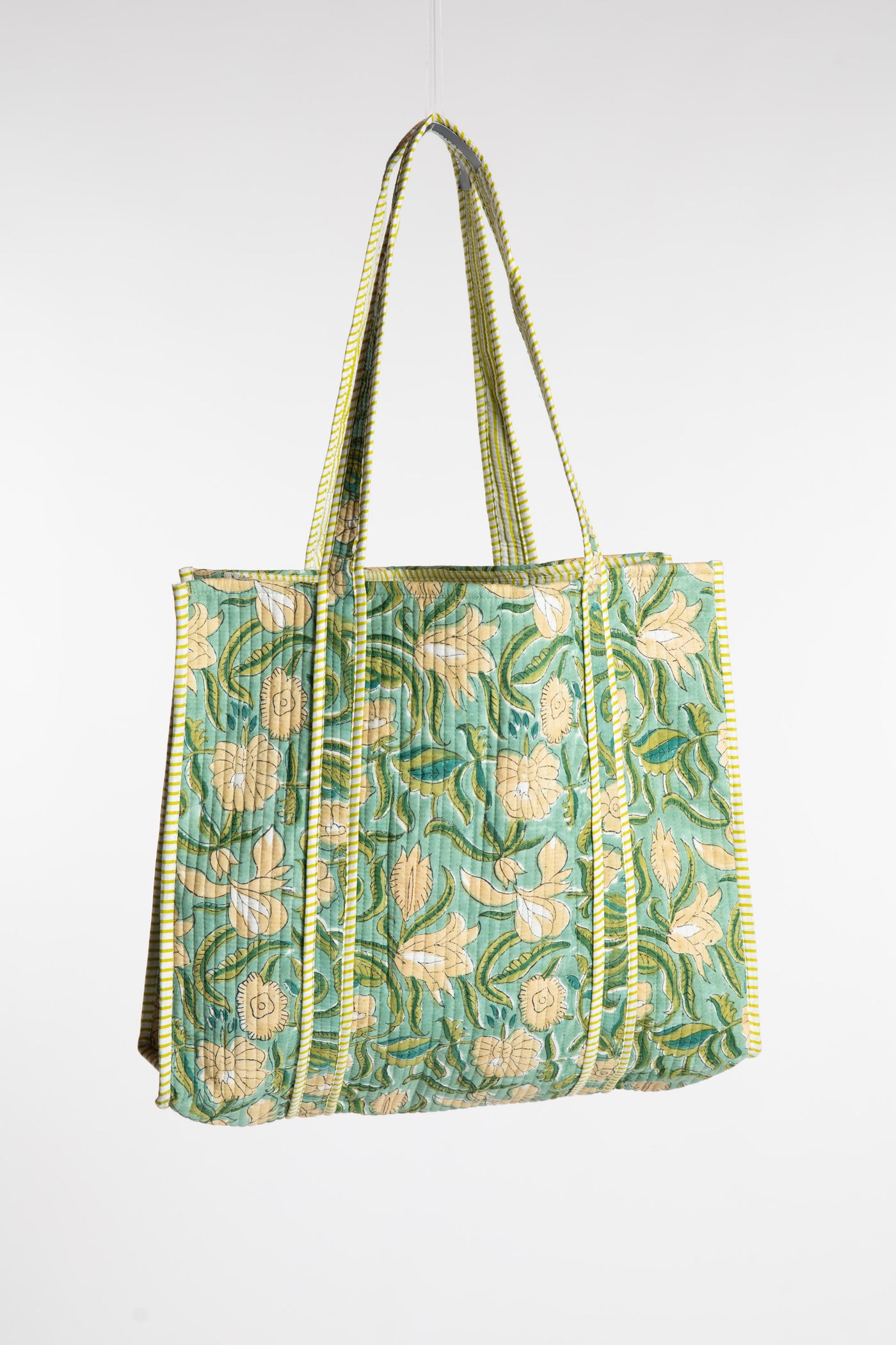 Blue green floral-patterned Bristol Block Print Tote Bag in Aquamarine