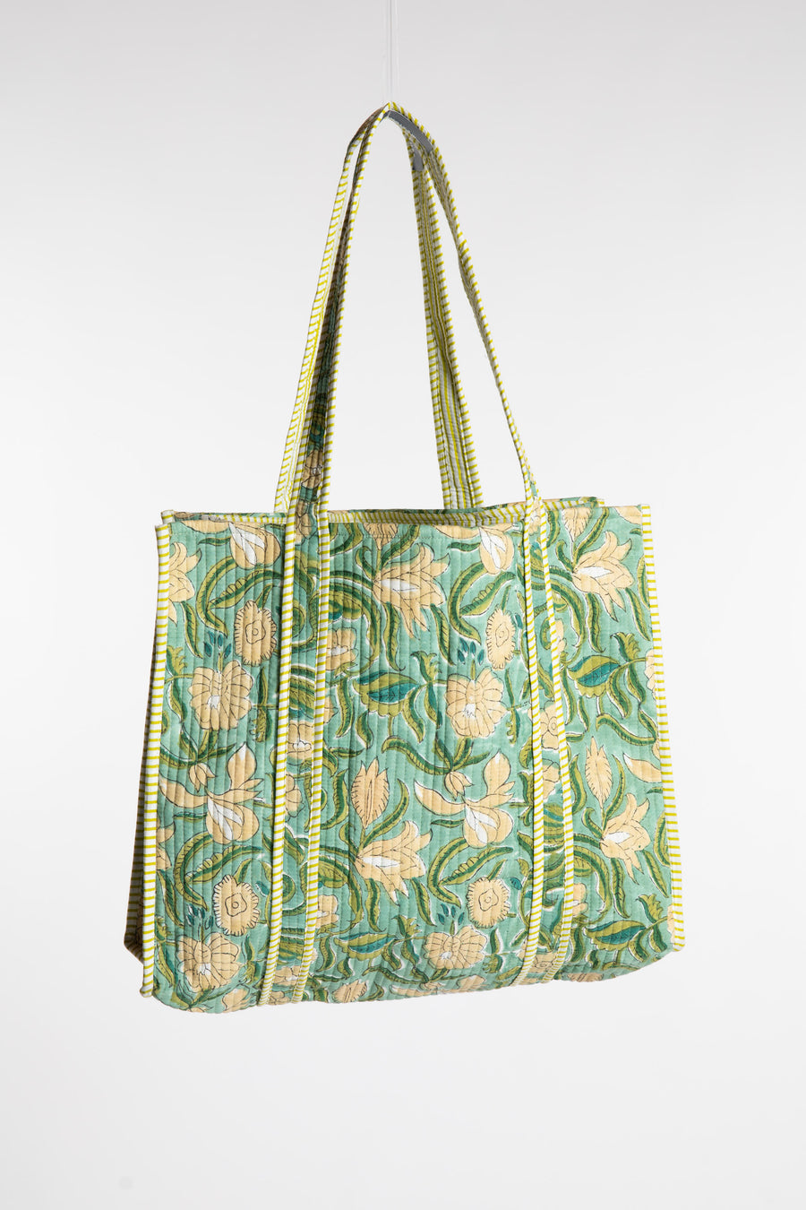 Blue green floral-patterned Bristol Block Print Tote Bag in Aquamarine