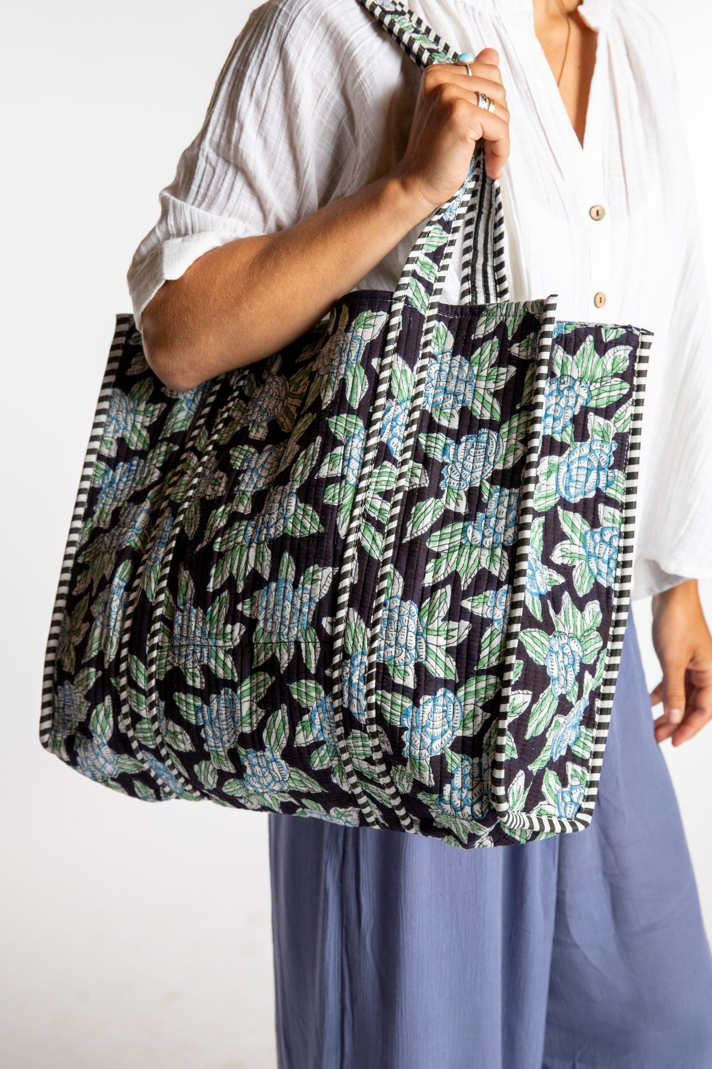 Floral patterned Bristol Block Print Tote Bag in Black
