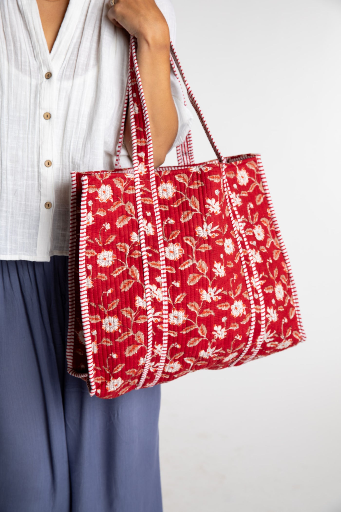 Red Bristol Block Print Tote Bag with white floral pattern in Garnet